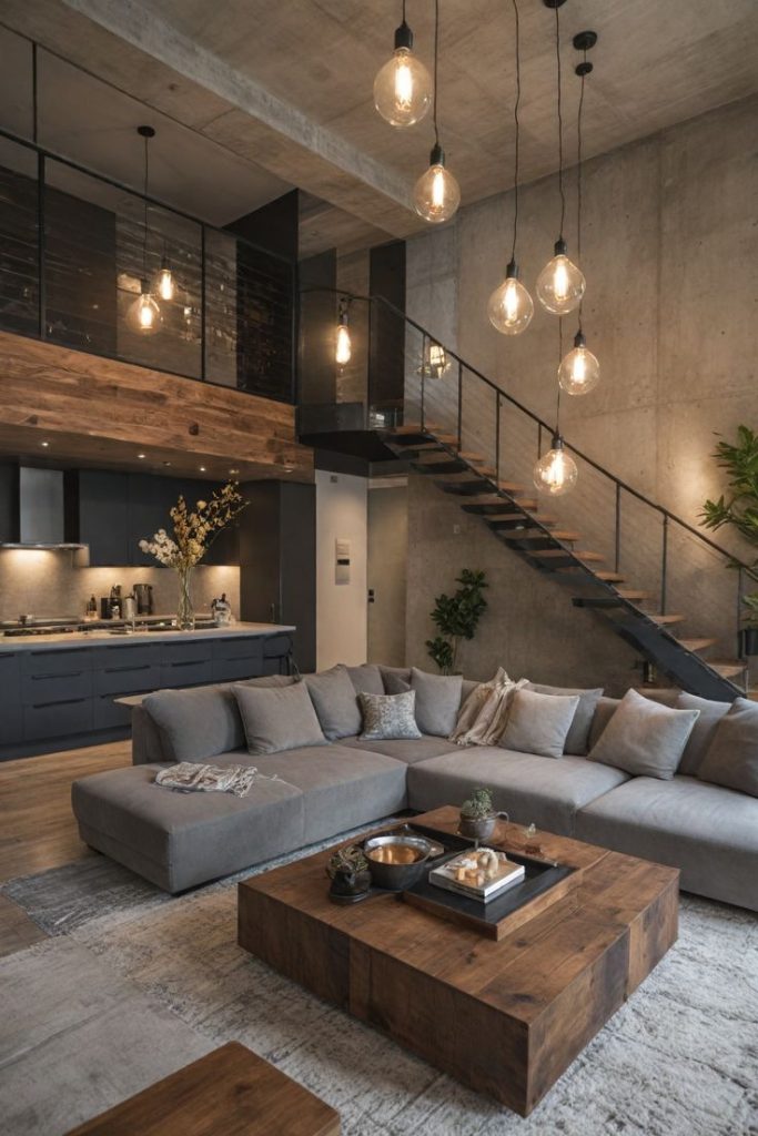 living decorat in stil industrial cu canapea spatioasa si scari cu balustrada de fier