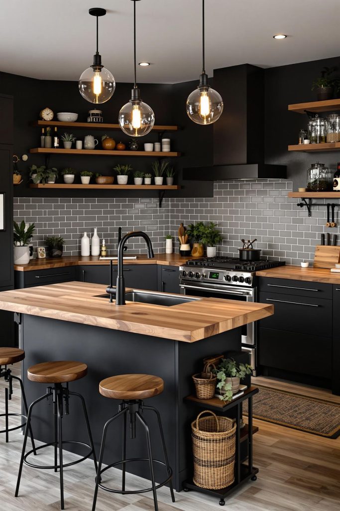 bucatarie stil industrial cu accente negre si lemn masiv