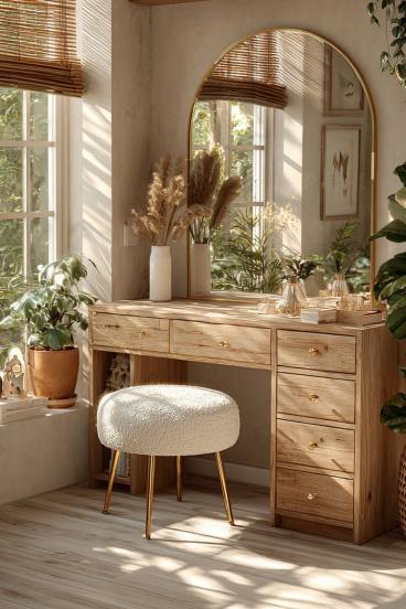 Masă de toaletă din lemn natur cu oglindă arcuită, reprezentativă pentru stilul boho in design interior.