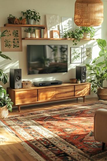 Living decorat integrând stilul boho in design interior, evidențiat prin covorul cu model și comoda din lemn.