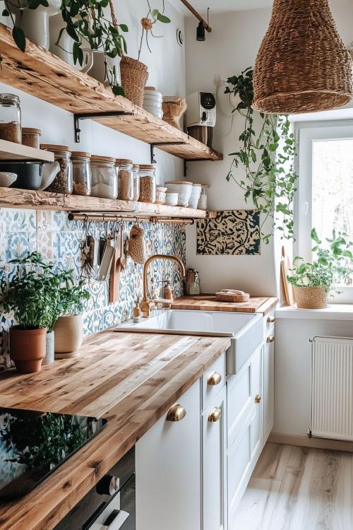 Bucătărie cu rafturi deschise și faianță cu motive decorative, adaptată pentru stilul boho in design interior.