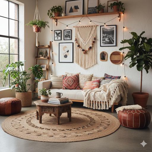 Elemente esențiale pentru stilul boho in design interior: covor de iută, macrame pe perete și perne cu motive etnice.