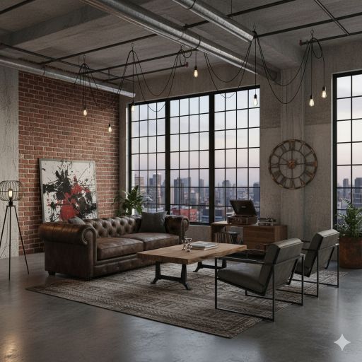 amenajare tip loft cu ferestre mari si decor industrial