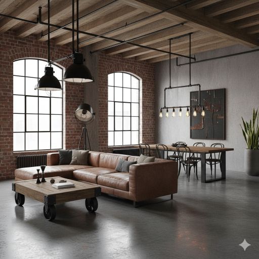 amenajare living design interior industrial cu perete de caramida
