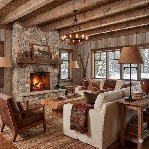 sufragerie cu șemineu și accente de lemn decorată în stil rustic