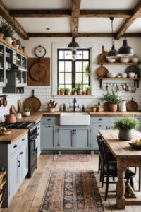 bucatarie stil rustic cu dulapuri din lemn si decor vintage