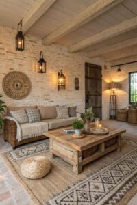 decor living rustic cu perete din piatra aparenta si masuta lemn