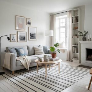 Living luminos cu canapea gri, covor în dungi și bibliotecă albă, reprezentativ pentru un design interior scandinav.